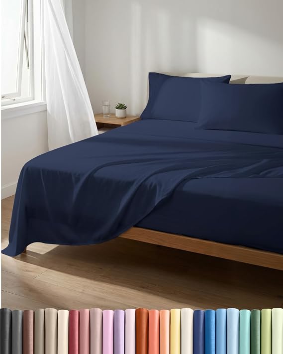 Lightweight 4 Piece Bed Sheet Set - Full Size Cooling Sheets - Navy Blue