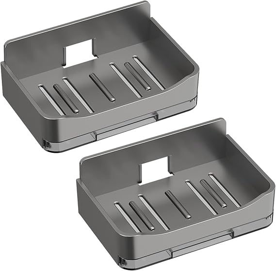 2 Pack Shower Soap Holder, Wall Mounted Soap Box Container, Bar Soap Holder with Drain for Shower, Bathroom, Kitchen(Gray)