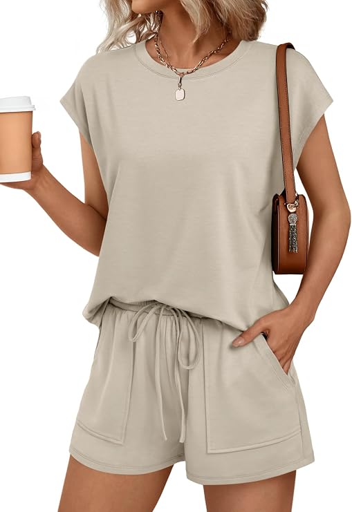 AUTOMET Womens 2 Piece Summer Matching Lounge Short Sets with Pockets