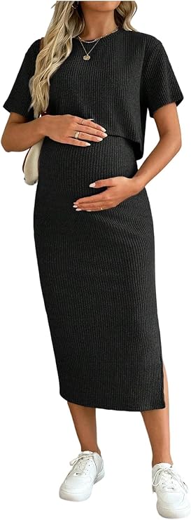 SHENHE Women's Maternity Ribbed 2 Piece Outfits Crop Top Bodycon Midi Skirt