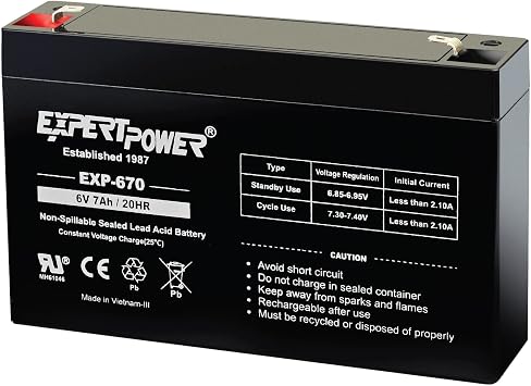 ExpertPower EXP670-6V 7Ah Rechargeable 6V Battery for Ride On Toys, Emergency Light, Replacement for PEA6V65F3, Enduring 3FM7, UB670 Sealed Lead Acid (SLA) 6 Volt Battery with F1 Terminal