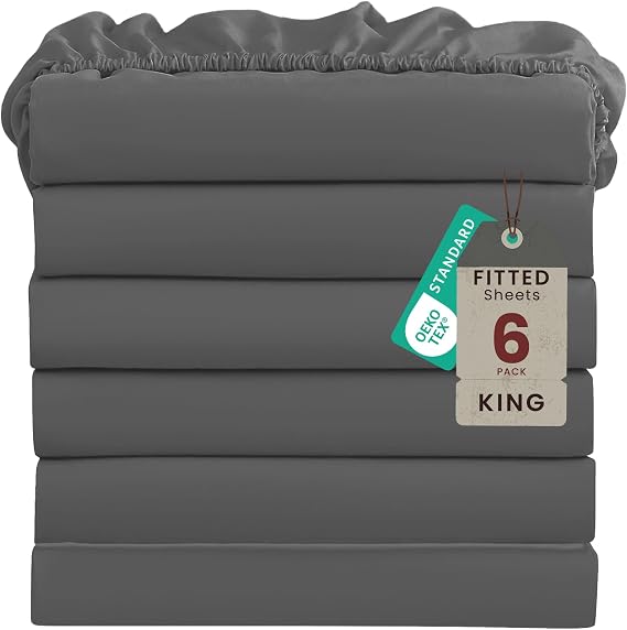 ROSE&RISY 6-Pack King Fitted Sheets, Bulk Ultra Soft Microfiber Bedding, Deep Pocket, Cooling & Breathable, Fade & Shrink Resistant, Easy Care Hotel Quality (Dark Grey, King Size)