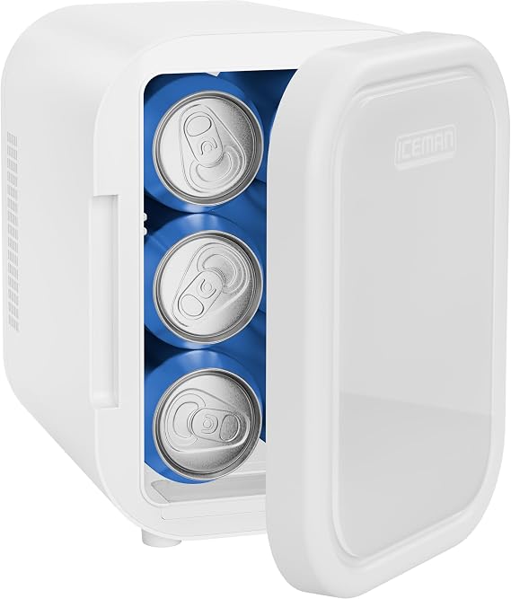 Iceman Portable Mini Fridge Fits 6 x 12 oz Cans, Cooler and Heater Mini Fridge for Bedroom, Car, Office, Dorm and Skincare, AC/DC Car Plug-Compatible - White