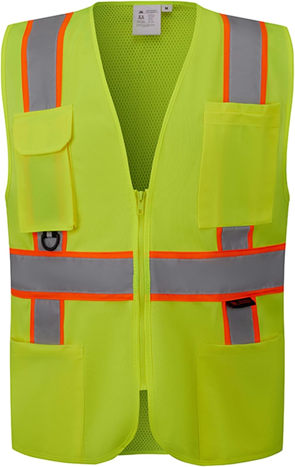 SV2300, ANSIISEA Class 2, Safety TricotMesh Vest, Reflective wOrange binding, Zipper, Pockets, Neon Green