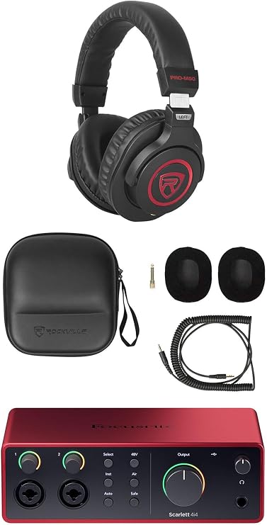 Audiosavings Bundle:(1) Rockville PRO-M50 SR Studio Headphones+Detachable Coil Cable+ Ear Pad Bundle with (1) Focusrite Scarlett 4i4 4th Gen Studio Recording USB Audio Interface+Software (Items 2)
