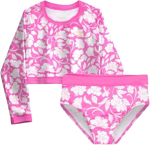 Tommy Bahama Girls 2-Piece Swimsuit Set, Cropped Long-Sleeved Rash Guard and Bikini Bottoms, Quick-Drying Swimwear for Kids