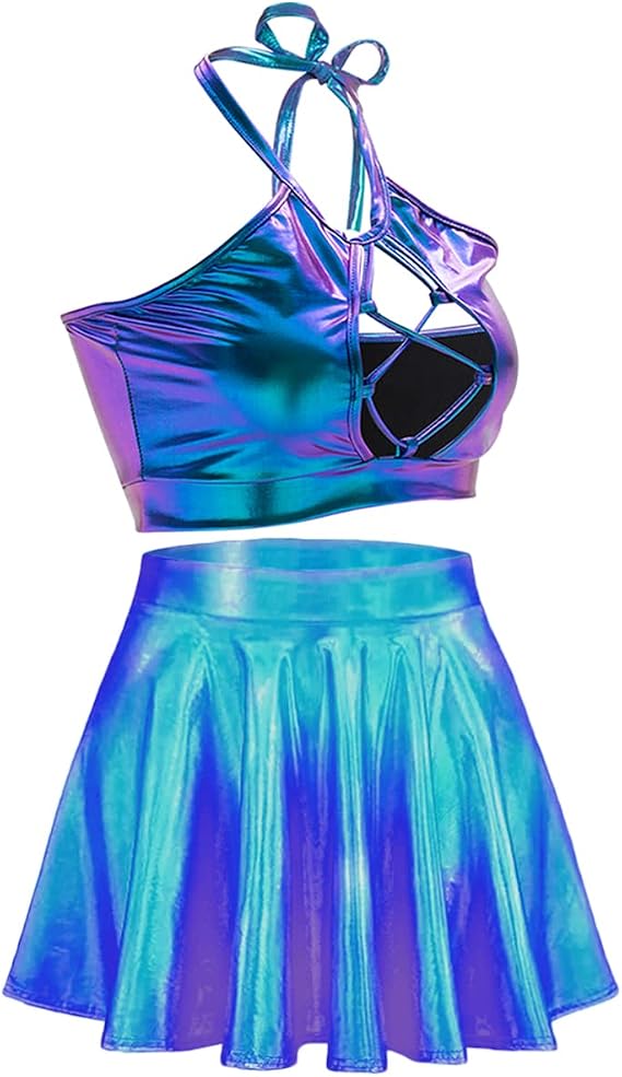 Women's Rave Outfit Sets For Women Festivals 2 Pcs Metallic Tops long Skirt EDM Party Club Holographic Rave Outfits