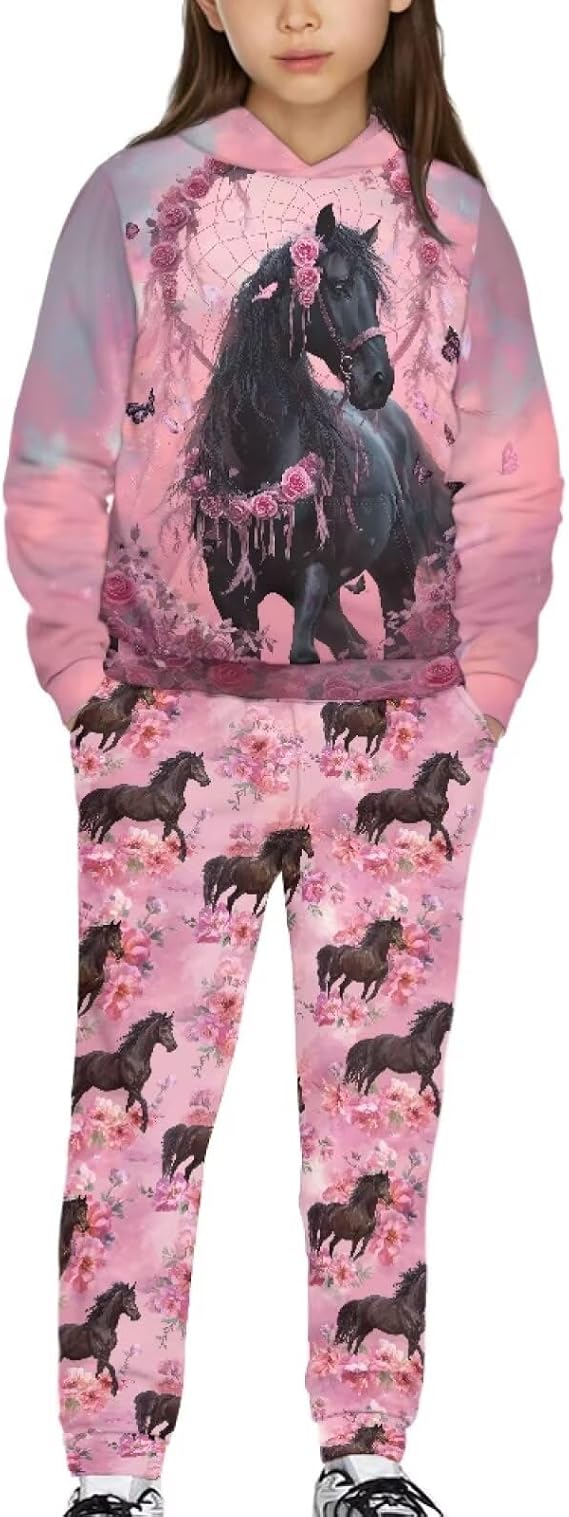WELLFLYHOM Girls Clothes Set 2 PCS Pullover Hoodie and Pants Outfit Long Sleeve Sweatshirt and Jogger Pants (5-12T)