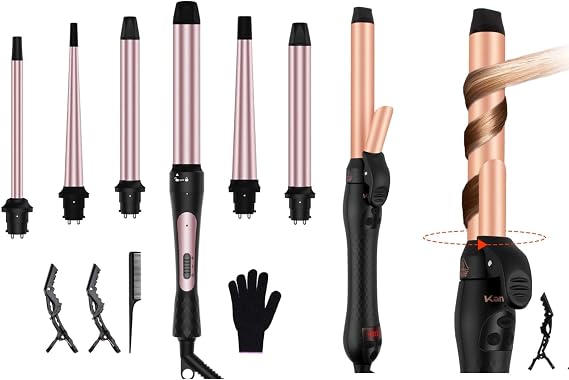 6 in 1 Curling Iron, 6 Interchangeable PTC Ceramic Barrels (0.35"-1.25"), Rotating Curling Iron 1 Inch
