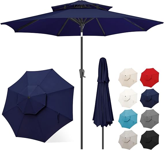 FLAME&SHADE Patio Umbrella Outdoor with Tilt, 9 ft 2 Tiers, Navy Blue