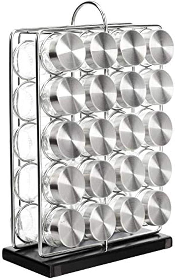 Amazon Basics 20 Jars Spice Rack Organizer, Space-Saving Kitchen Organizer with Glass Spice Jars, Sturdy, Silver