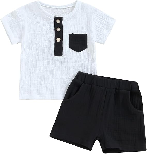 fhutpw Summer Baby Toddler Boy Clothes Muslin Henley Shirt & Short Sets