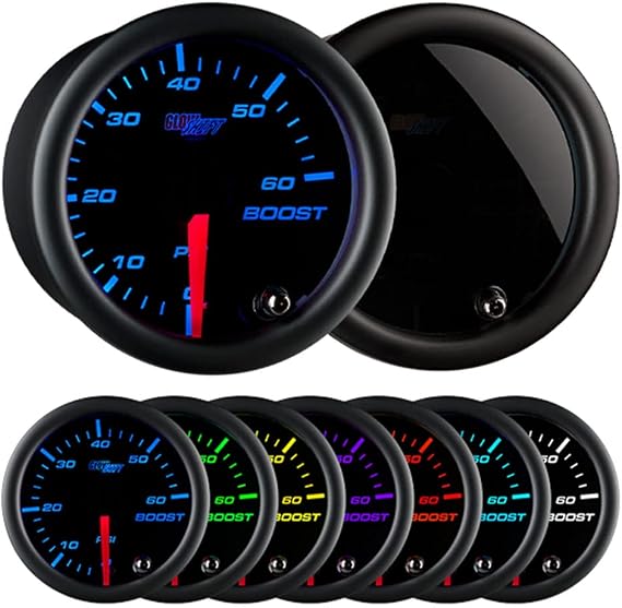 GlowShift Tinted 7 Color 60 PSI Diesel Boost Gauge Kit, 2-1/16" 52mm