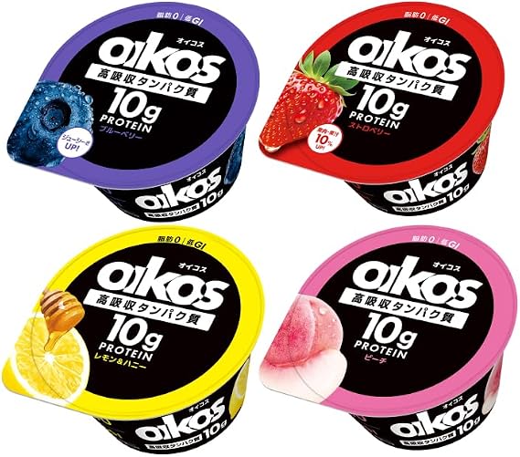 12 Pieces Oikos 4 Assorted Fruits, 3 Each, Yogurt, 3.9 oz 110 g Strawberry, Blueberry, Lemon, Peach