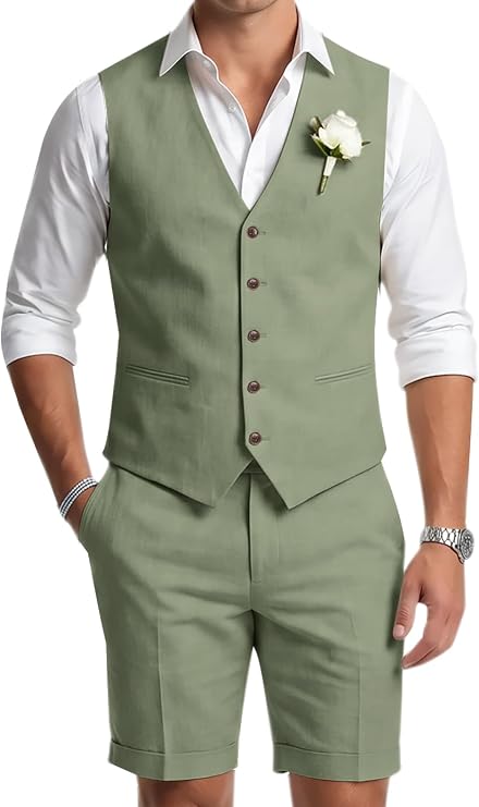 Mens Linen Suit Vest Short 2 Piece for Groom Summer Beach Wedding Outfit