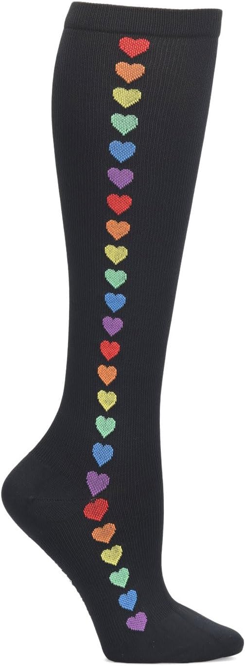 Nurse Mates Women's Wide Calf Socks | 12-14 mmHg Compression | Up to 22" for Large Calf | Comfortable | 1 Pair | Rainbow Hearts