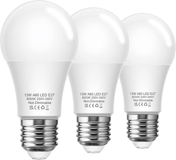 E27 Screw Bulb, 100W Equivalent LED Screw in Light Bulb Cool White, 3Pack | 1200LM, 13W A60 LED GLS Bulbs, 6000K Daylight White, Save 87% Energy, Non-Dimmable, Ideal for Chandelier, Ceilling [Energy Class F]