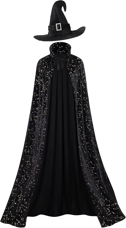 GRAJTCIN Women's Witch Cape Wizard Vampire Full Length Shiny Star Velvet Cloak with Witch Hat Halloween Christmas Costume Set