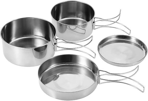 Camping Cooking Set, Backpacking Camping Cookware Mess Kit, 4Pcs Portable Stainless Steel Camping Picnic Outdoor Pan Pot Plate Tableware