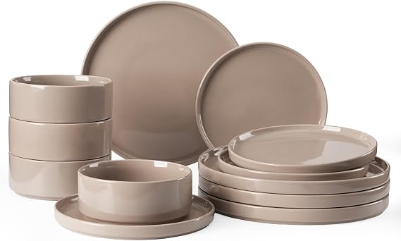 Richmount Nebula Plates and Bowls Set, 12PC Speckled Stoneware Plate Set, Scratch Resistant Dinnerware Sets, Dishwasher & Microwave Safe, Dining Plates and Bowls Sets, Brown