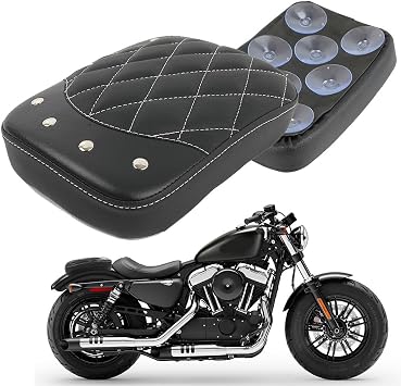 Motorcycle Rectangular Pillion Passenger Pad Seat 8 Suction Cup Rear Leather Passenger Seat Compatible with Harley Custom Cafe Racer Bobber Chopper Custom Application (Black Rhombus Pattern w/Rivet)