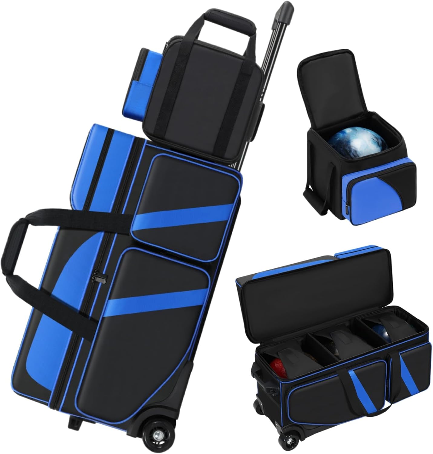 Ball rolling bowling bag with wheels 4 balls 3 ball bowling rollers  1 ball color matching add-on tote, 3 bowling bags  1 with separate shoe compartment and accessory pocket, expandable handle