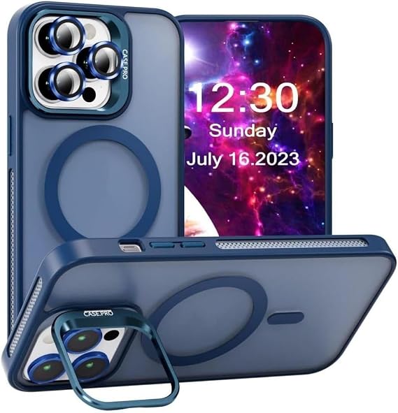 MADNOVA iPhone 13 Pro Max için Kılıf Kamera Korumalı Magsafe Wireless Şarj Özellikli Lens Hediyeli Mat Şeffaf Renkli Standlı Kılıf (LACİVERT)