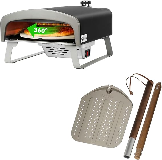 Gas Pizza Oven Portable Propane Pizza Oven with Automatic Rotating Stone & Perforated Aluminium 12x14in Pizza Peel Bundle, PS102 and PT203