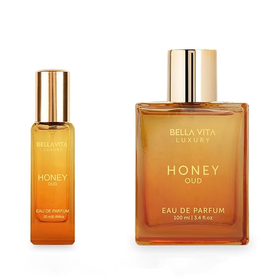 BellaVita Honey OUD Perfume for Women & Men 100ml & 20ml | Vanilla, Bergamot & Patchouli Notes | Long-Lasting Arabian Unisex Perfumes for Women & Men | Floral & Spicy Cologne Honey Perfume