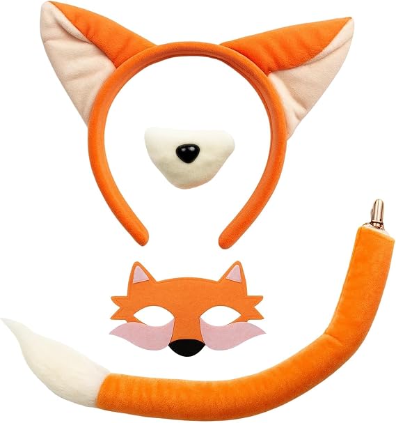 Fox Costume Set 4 Pcs - Adjustable Fox Ears Headband & Mask with Realistic Tail, Animal Cosplay Fancy Dress for Halloween, Carnival, Party Supplies (for Teens & Adults 14+)