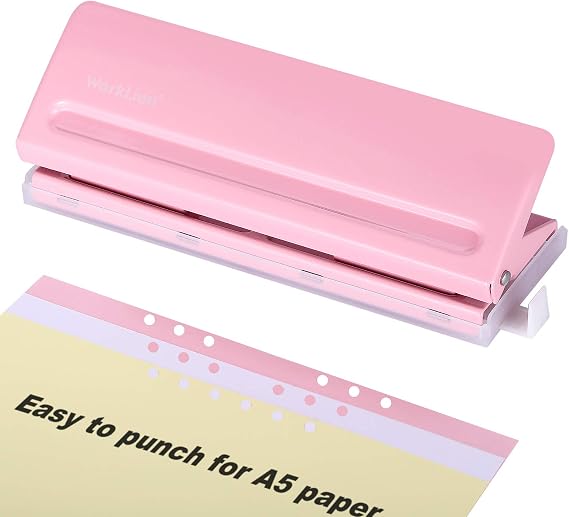 WORKLION Six Hole Punch: Paper Size Guide with Duster Cover for Binder Notebooks, A4/A5/B5 Size/Bible Size/Mini Size, Adjustable, Horizontal Gauge, Loose Leaf Punch Pink