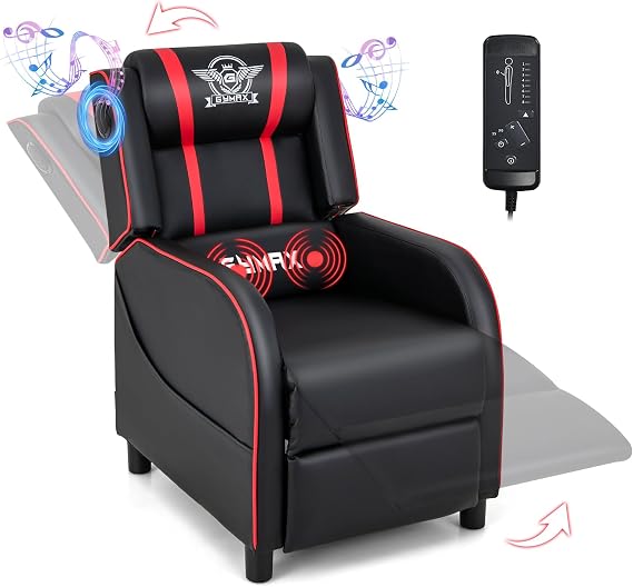 GYMAX Gaming Recliner, Massage Gaming Chair with Bluetooth Speaker, Adjustable Footrest & Lumbar Support, Single Ergonomic Gaming Sofa, Video Gaming Chair for Adults, Home Theatre (Red)