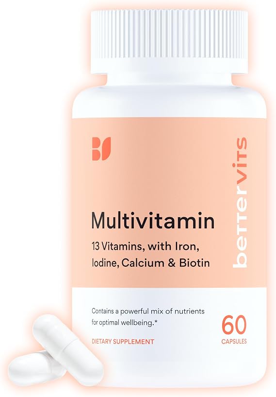 Bettervits Daily Multivitamin for Women & Men - Iron, Calcium & Biotin | With Vitamins A, C, D3, B6 & B12 to support normal immune function, plus K2, B1-B5, B7 & Iodine | 60 Capsules
