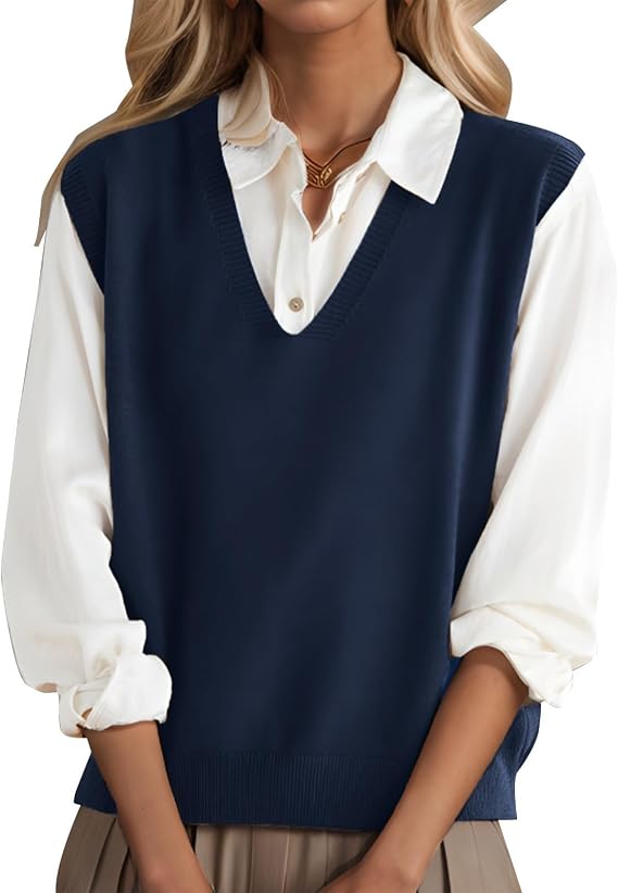 Cashmere Sweater Vest Women Lightweight Sleeveless V Neck Sweaters Relaxed Fit Knitted Pull Over Sweater Vest Tops
