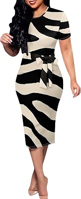 Women Midi Bodycon Dress Casual Crewneck Short Sleeve Tie Front Waist Belted Office Work Knee Length Pencil Dresses