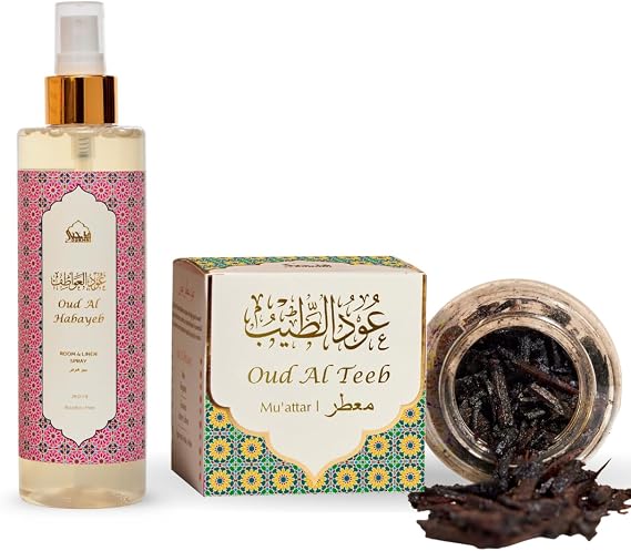 Oud Al Teeb Muattar Bakhoor & Attar Al Faraash by Dukhni | 1jar X 40 gm Arabic Incense fragrant agarwood wood chips for electric & charcoal burner | 250ml Natural Mist Room Freshener Bed & Linen Spray