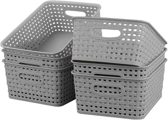 Kiddream Plastic Weave Storage Basket, 6-pack Grey Organizing Bin