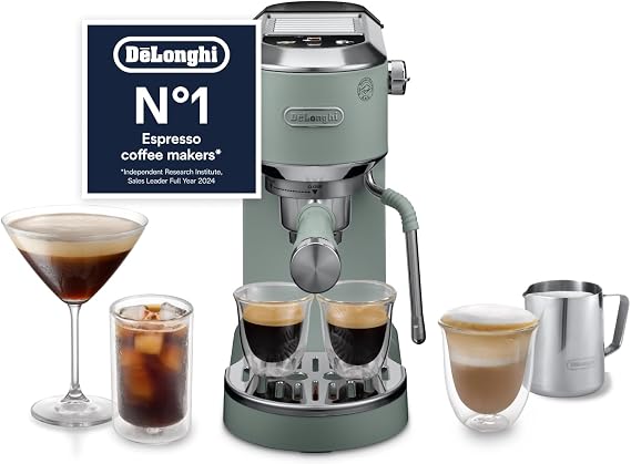 De'Longhi Dedica Duo EC890.GR, Traditional Barista Pump Machine, Espresso And Cold Brew, Manual Coffee Machine With My LatteArt Steam Wand, 15cm Wide, 2 Espresso, Touch Display, Mug up to 13cm, Green