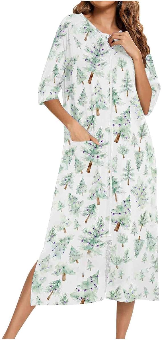 Christmas Robes for Women Zipper Front House Coat 3/4 Sleeve Xmas Tree Bells Print Nightgown Loungewear with Pockets