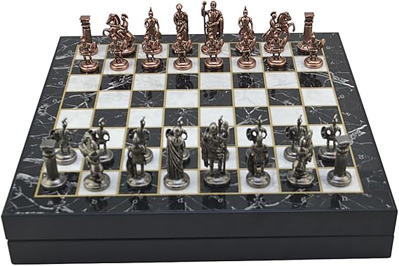GiftHome Medium Size Metal Roman Chess Set Antique and Marble Patterned Chested MDF Board (36x36x6 cm.)