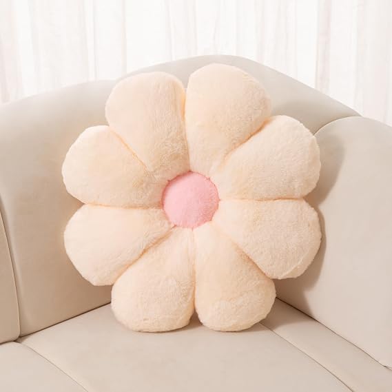FIONOUT Flower Pillow Decorative Pillows, 25.5In Daisy Pillow Cute Flower Shaped Pillow Floor Seating Custion for Reading, Couch and Room Dector (65CM/Beige)