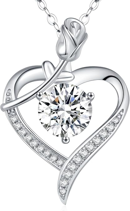 Rose Heart Pendant Necklace for Wife Moissanite Lab-Created Gem Jewelry for Women I Love You Wedding Anniversary Birthday Christmas Valentines Engagements Mothers Day for Her Girlfriend Mom Daughter