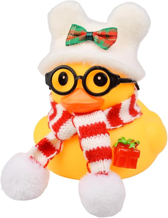 3.3" Christmas Rubber Duck Funny Yellow Duck Car Dashboard Decorations with Hat Scarf and Sunglasses Big Squeaky Duckling Car Ornaments Desktop Accessories New Year Gift