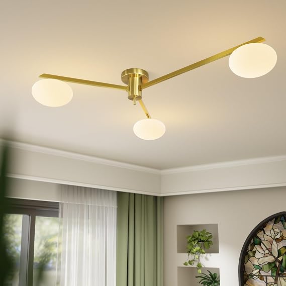 3-Light Gold Sputnik Ceiling Light Fixture,with Opal Glass Shade