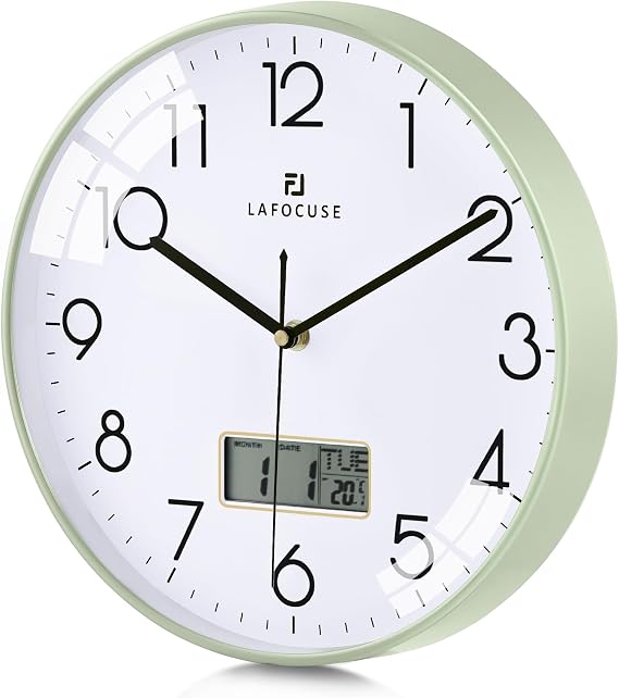 Lafocuse 12 Inch Silent Green Wall Clock with Date Day Temperature Display