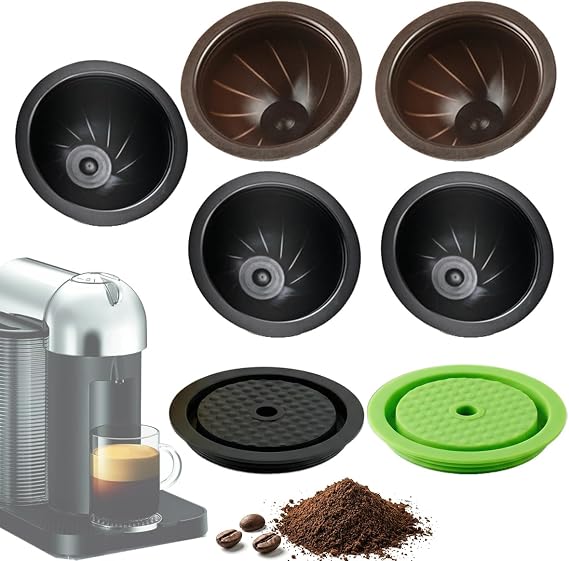 Reusable Nespr*sso V-rtuo Pods 5Pcs Reusable Capsules Pods with 2Pcs Silicone Lids Refillable Coffee Capsules Compatible with V-rtuoline Plus & GCAT1 and ENV135/150 (7 packs (5Cups+2Lids))