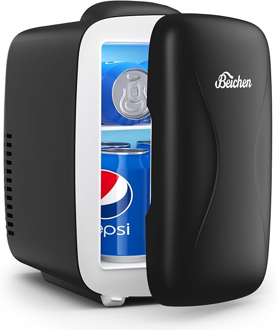BEICHEN Mini Fridge, 4 Liter/6 Can Portable Cooler and Warmer Fridge for Drinks Skincare Food Fast Cooling & Ultra-Quiet, Small Compact Refrigerator for Bedroom, Cosmetics, Office and Car(Black)