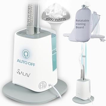 SALAV Standing Garment Steamer w/Smart Auto-Off, 1500W Powerful Steam, Adjustable Ironing Board, 6 Steam Settings for Various Fabric Types, LED Display, Fast Wrinkle Removal for Home & Business Use