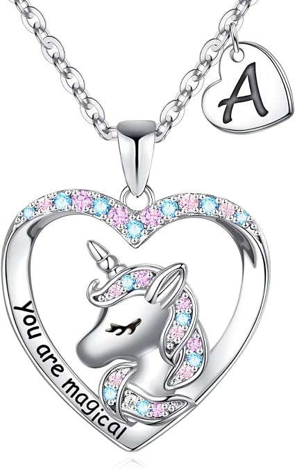 Hidepoo Unicorn Necklaces for Girls, Gifts for Girls Kids | 14K White Gold Plated CZ Heart Pendant Unicorn Necklace Jewelry Initial Unicorns Necklaces Birthday Gift for Girls