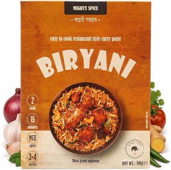Mighty Spice Biryani Curry Paste - Curry Sauce Kit with Indian spices, Quick Easy 10-Minute Recipe at Home, Authentic Indian Curry, Vegan Gluten Free, No Added Preservatives or Colouring, 80g